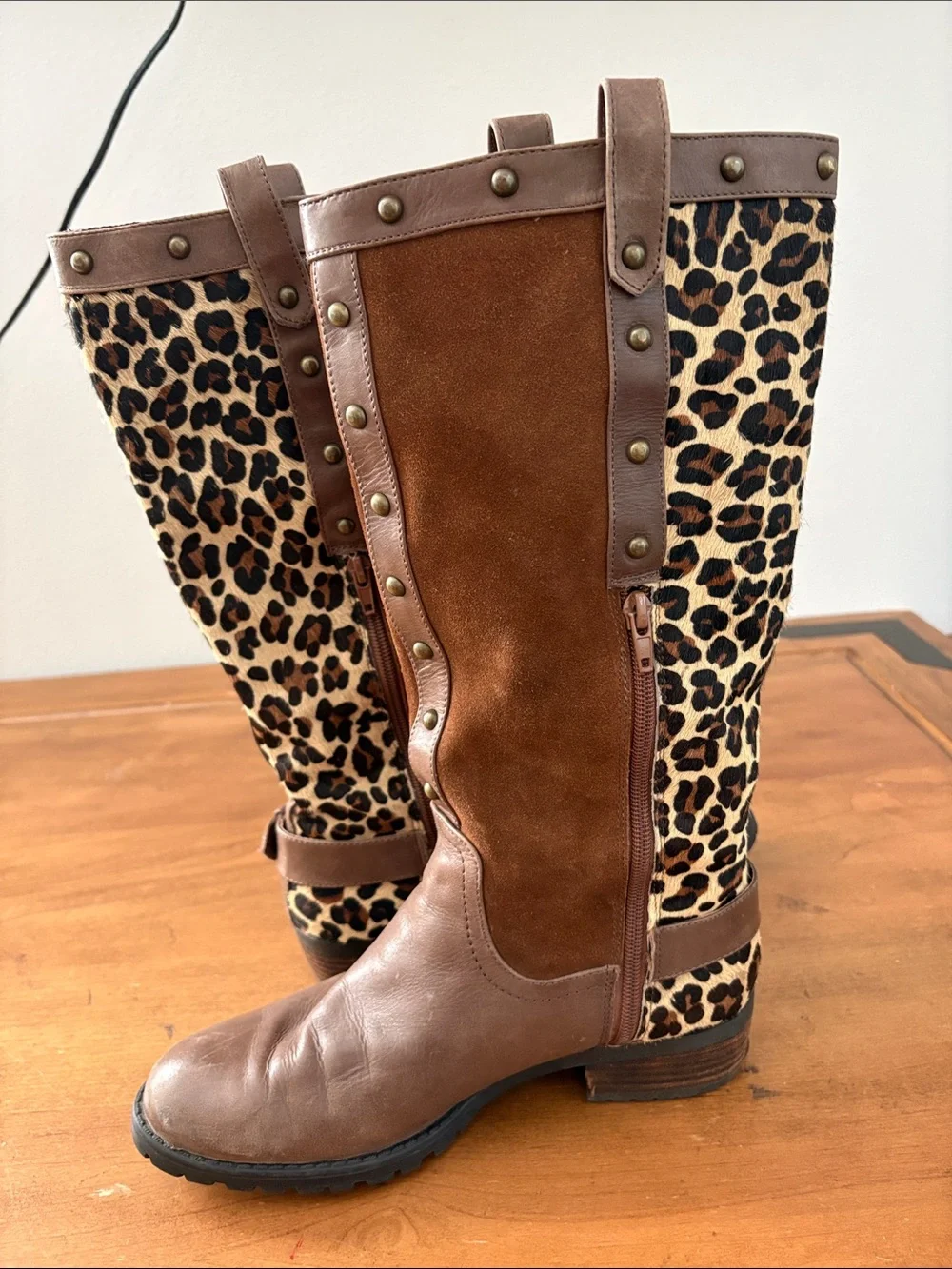 Steve Madden Suede & Leather Knee Boots with Leopard Panel Size 9